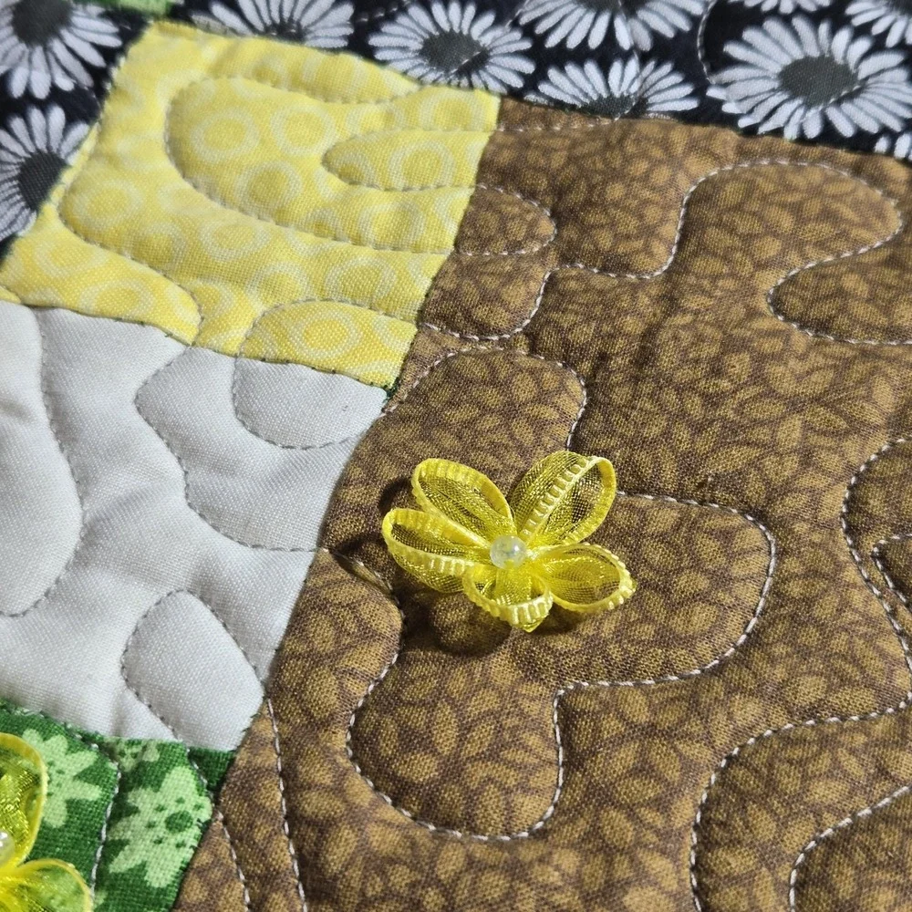 Handmade Cottagecore Quilt Blanket Sunflowers Tractor Child Baby‎ Size 40